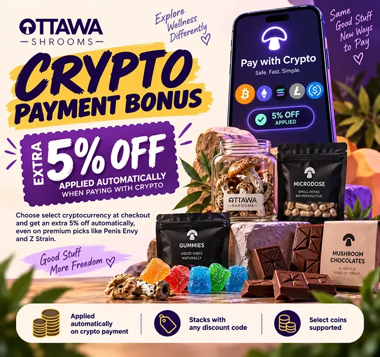 Extra 5% off paying with cryptocurrency, including premium strains like Penis Envy