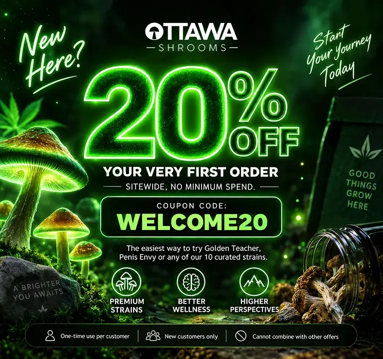 20% off first order at Ottawa Shrooms, Golden Teacher strain